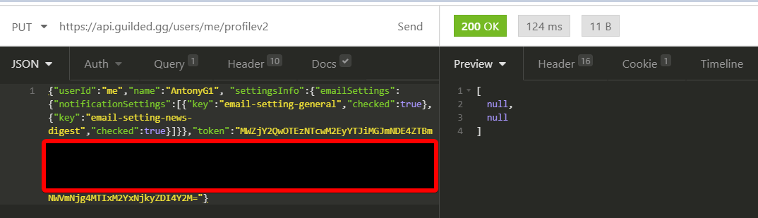 Request using the token extracted from the email
