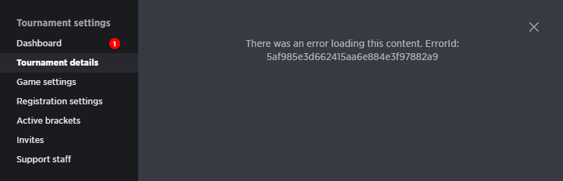Tournament section displaying an error loading content